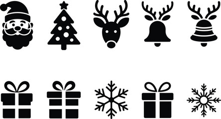 Festive Christmas icon collection with Santa, tree, reindeer, bells, gifts, and snowflakes in black silhouette style for holiday design © SreeJoyantyMs