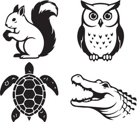 Naklejka premium Wildlife Animal Silhouette Collection with Squirrel Owl Turtle and Crocodile Vector Icons