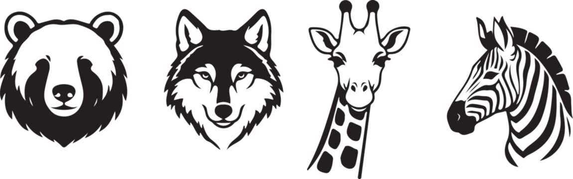 Zebra, Rhinoceros and Hippopotamus Head Icons Vector Set &ndash; African Wildlife Animal Logo Collection.