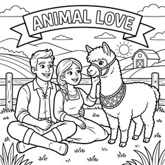 Naklejka premium Couple with llama on a farm vector illustration