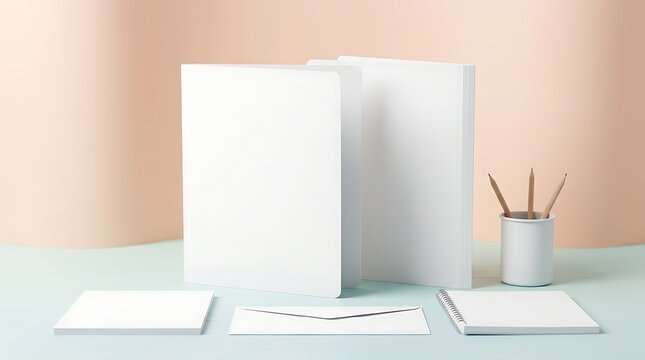 Blank stationery mockup featuring file folders and paper supplies on soft pastel background for business branding showcase