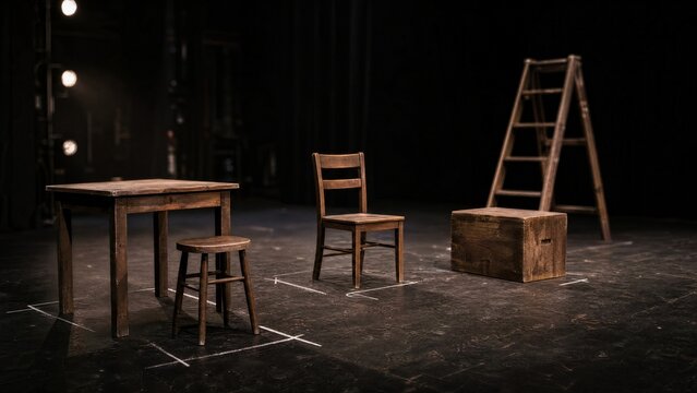 rehearsal. Simple wooden stage props on an empty theater floor with dramatic side lighting. event programs, museum guides, designed for cultural heritage projects and event programs.