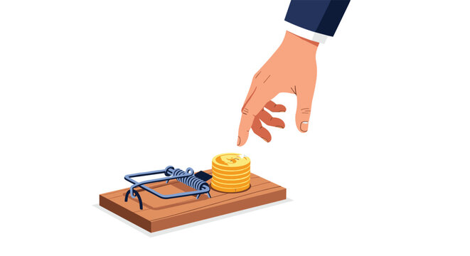 Businessman reaches out to grab a stack of gold coins placed on a wooden mouse trap to symbolize financial risk, greed, and dangerous investments.