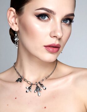 Elegant Young Woman Wearing Silver Jewelry in Studio Portrait