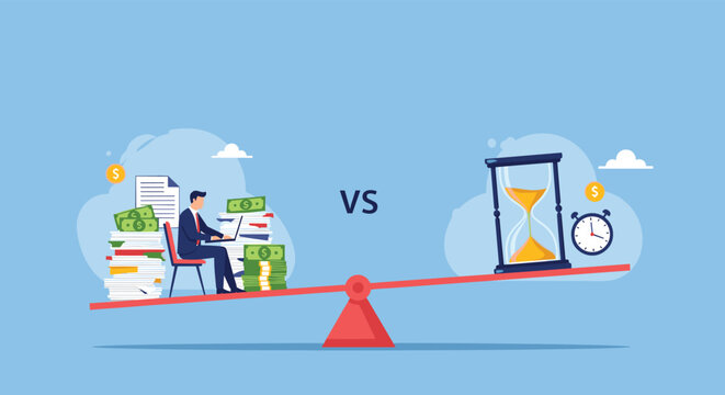 Businessman works at a desk compared to an hourglass and a clock on a see-saw to represent work-life balance, time management, and productivity.