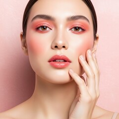 Fototapeta premium Luminous porcelain skin featuring soft coral makeup and a gentle expression, hand touching cheek against a pastel blush luxury background, expression, porcelain, hydrated