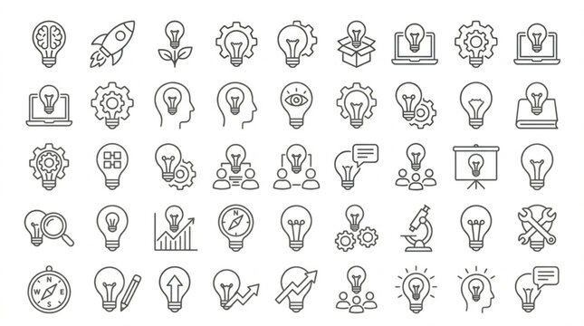 Tech innovation and creative brainstorming flat vector icon kit with startup rocket and lightbulb elements isolated on white background