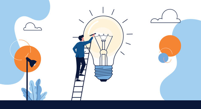 Man stands on a ladder and draws a large glowing light bulb on a wall to symbolize the creative process of developing a new idea and innovation.