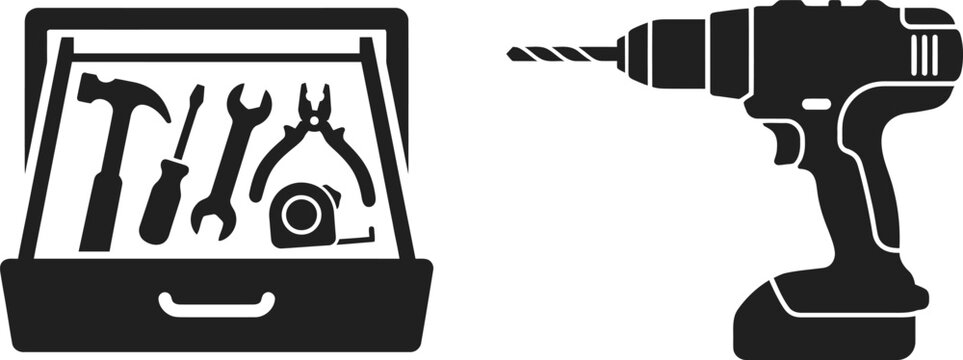 Toolbox Icon with Wrench, Screwdriver, Pliers, and Saw Inside for Handyman Maintenance Graphic with Copy Space