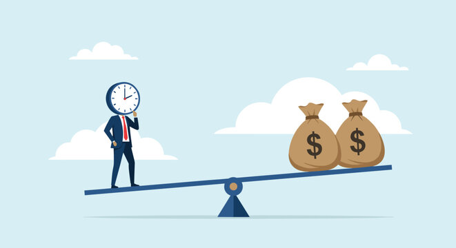Person with a clock head balances on a blue seesaw opposite large sacks of money representing time value concept.
