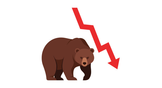 Large brown bear stands next to a red arrow pointing downwards representing a bearish stock market price trend.