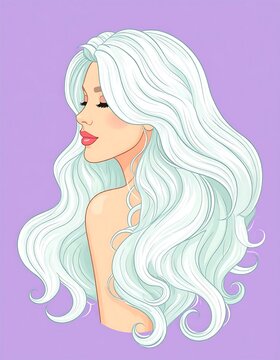 Elegant Young Woman in Side Profile with Flowing Pastel Hair on Purple Background