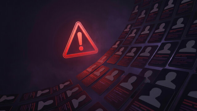 Glowing Red Warning Triangle Over Rows of Personal Data Profile Cards Symbolizing Privacy Breach and Cyber Risk Perfect for Cybersecurity Advertising Technology and Background