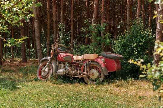 Old motorcycle with rusty sidecar and faded red paint parked on grassy area near forest with tall trees