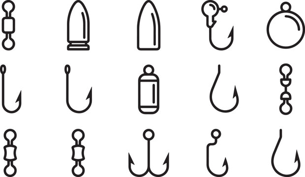 Fishing hooks sinkers and swivels terminal tackle outline icons set
