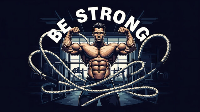 A muscular man flexing with ropes and 'be strong' text, isolated on a transparent background