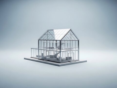 3D architectural model of a modern minimalist glass house with spiral staircase