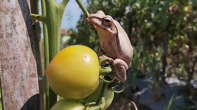 Macro shot of a glistening brown tree frog perched comfortably on a tomato plant with a developing fruit