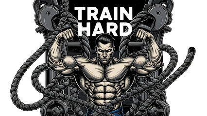 Fototapeta premium A muscular man lifting weights with 'train hard' text, surrounded by ropes isolated on a transparent background