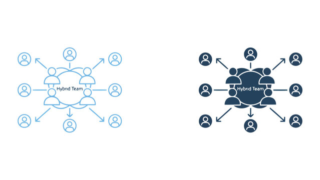 Hybrid team structure and remote collaboration diagram with connection arrows as a professional vector graphic for modern workforce management