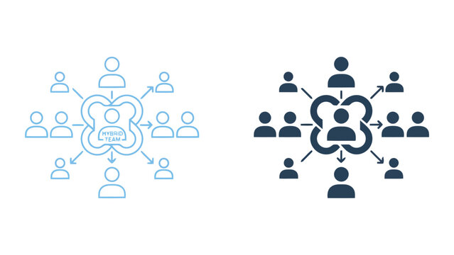 Hybrid team connectivity and network management concept with central leader and connected members in flat vector graphic style