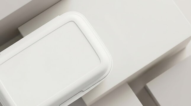 Blank white lunch box mockup on clean geometric surface for sustainable packaging design and food branding showcase