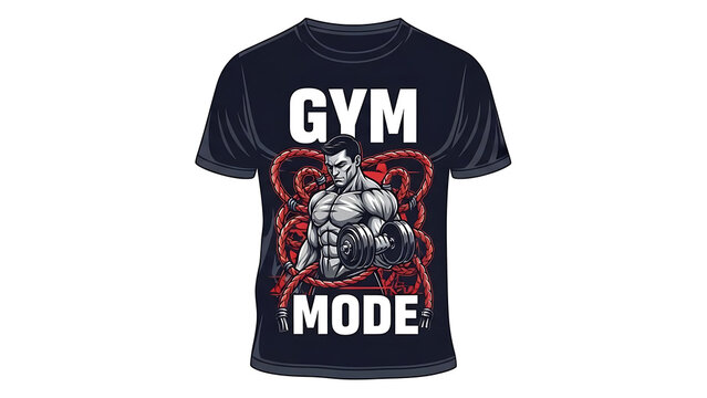 Black gym t-shirt with muscular man and dumbbell, gym mode text isolated on a transparent background