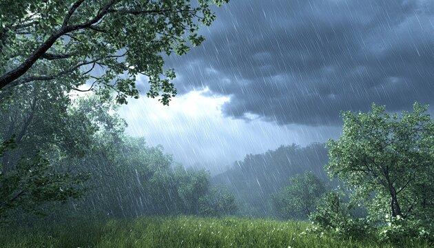 A dramatic rainstorm with dark clouds, strong winds, and trees bending under the pressure. The wind howls as the rain pours, and the trees bend under the storm's force. 