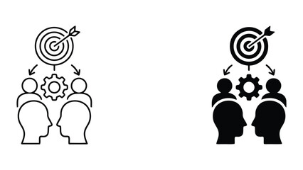 Professional business strategic planning and target achievement icon set featuring leader profiles with gear and target symbols as linear and solid vector illustrations © William