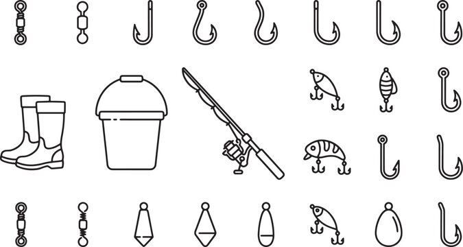 Fishing tackle and gear equipment thin line outline icons set
