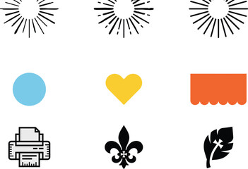 Vintage Graphic Elements Set Featuring Sunburst rays Fleur de lis Heart Shape Feather and Printer Icon for Creative Design © MdNajmul