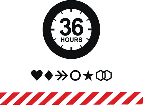 Thirty Six Hours Clock Timer Vector Icon with Geometric Design Symbols and Red Striped Warning Line Graphic