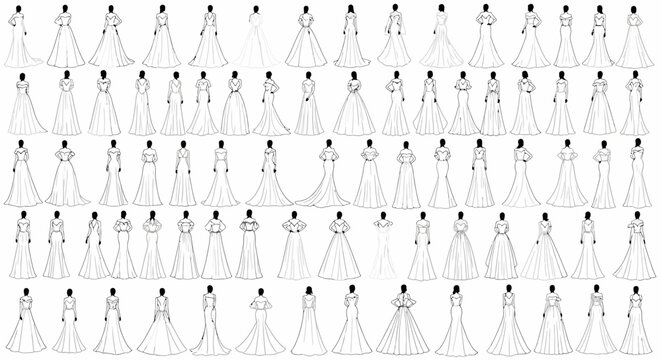 Multiple elegant women in formal gowns.