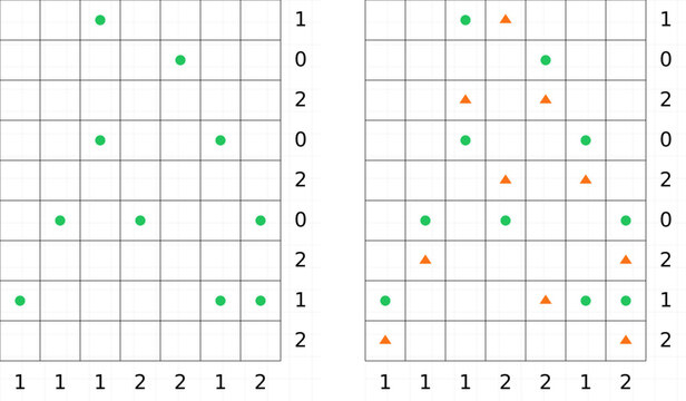 Tents and Trees logic puzzle series with numbered grids, trees, and tent solutions. Clean vector illustration for brain teasers, activity books, and printable worksheets