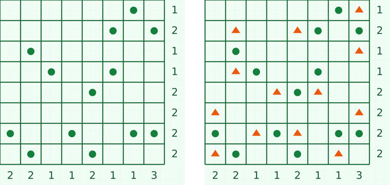 Tents and Trees logic puzzle series with numbered grids, trees, and tent solutions. Clean vector illustration for brain teasers, activity books, and printable worksheets