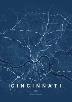 Architectural Cincinnati City Map Poster, Blueprint Style Urban Street Grid Illustration