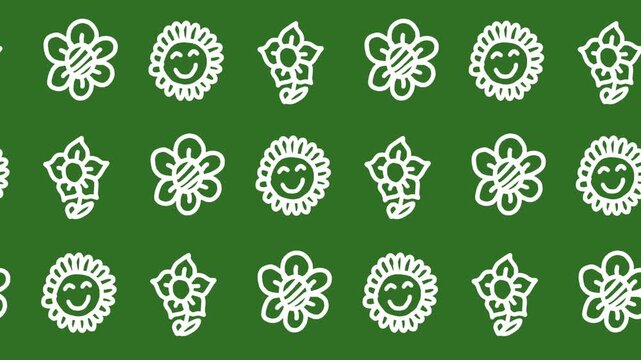 Seamless pattern of hand-drawn blooming flowers and smiling sunflowers on a green background animation. Minimalist garden botany and summer nature wallpaper with cute floral line art. Seamless looping