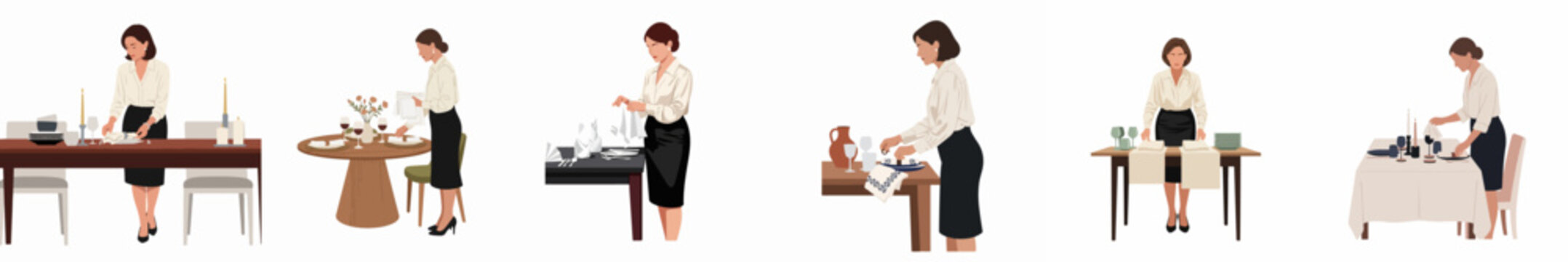 Professional woman setting dining tables in various styles, representing hospitality, event planning, and fine dining service illustration set.