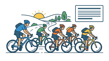 Fototapeta premium A group of five cyclists riding their bicycles in a line during a sunny day.