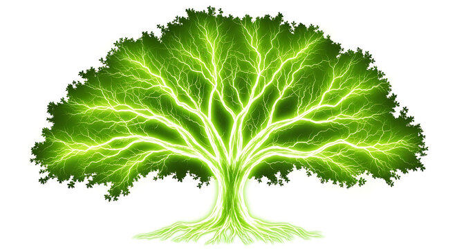 Glowing green tree of life with electric root and branch structure branches abstract electric environment ecosystem isolated sustainability