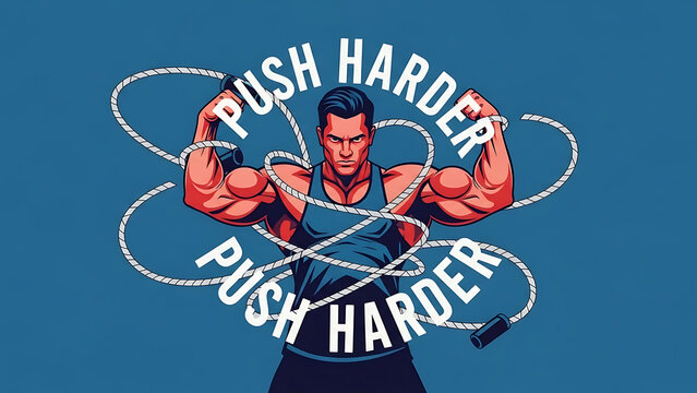 Muscular man flexing with jump rope and "push harder" text isolated on a transparent background