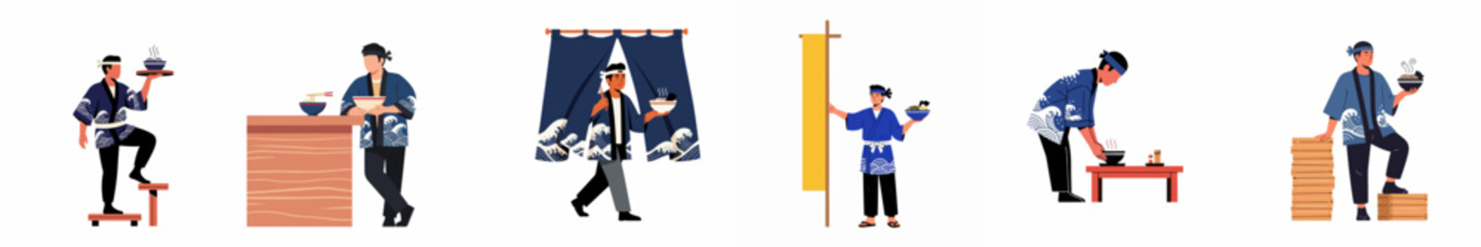 Flat vector collection of Japanese ramen restaurant staff in traditional happi coats performing various tasks like serving, cooking, and welcoming guests.