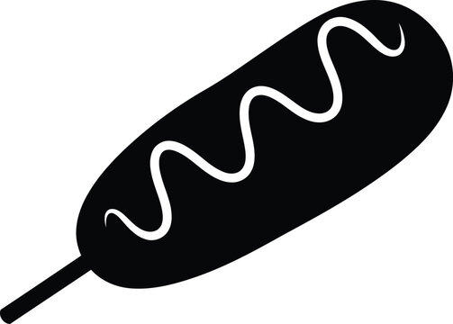 Black and white corn dog icon with mustard swirl on a wooden stick
