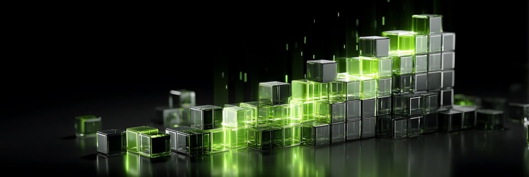 Futuristic financial bar chart made of glowing green glass cubes rising steadily on dark reflective surface representing digital growth and blockchain technology