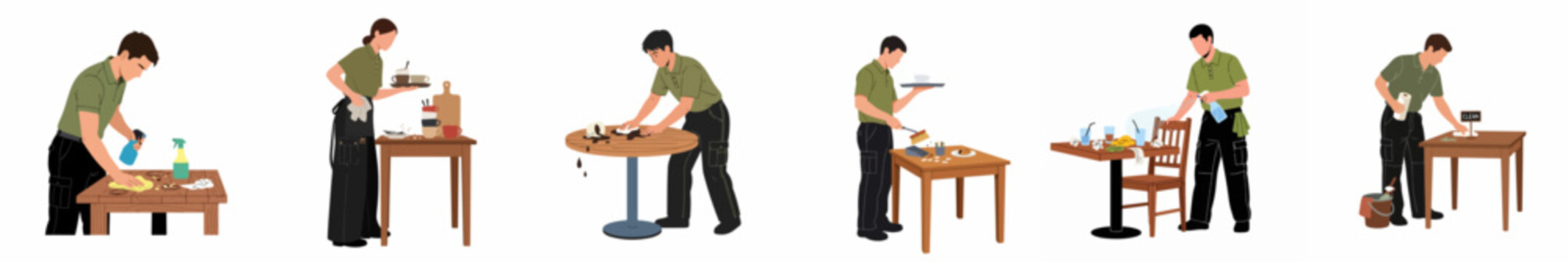 Vector illustrations of restaurant staff cleaning tables, clearing dirty dishes, and wiping spills in a cafe or bistro setting.