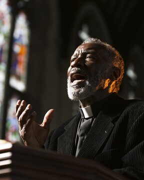 Senior Black pastor passionately preaching from a pulpit dramatic side lighting casting shadows in a historic church with blurred tall windows in the background.
