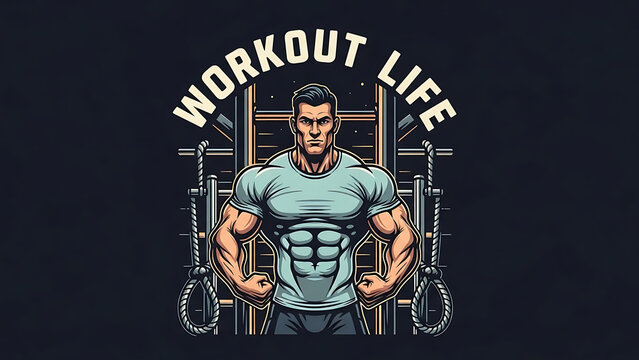 Muscular man flexing, showing abs, with 'workout life' text isolated on a transparent background