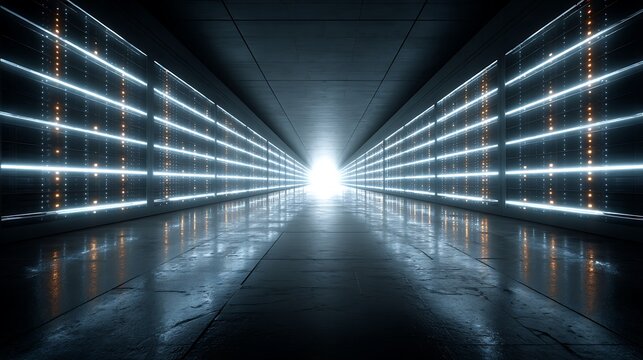 Futuristic data center server room corridor featuring glowing blue neon light panels and reflective dark concrete floor leading to a bright white light at the end