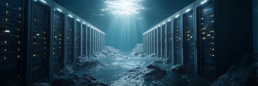 Underwater data center server racks operating on the ocean floor with sunbeams filtering through water surface showcasing futuristic eco-friendly cloud computing technology