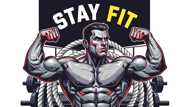 Muscular man flexing, showing biceps, with 'stay fit' sign isolated on a transparent background